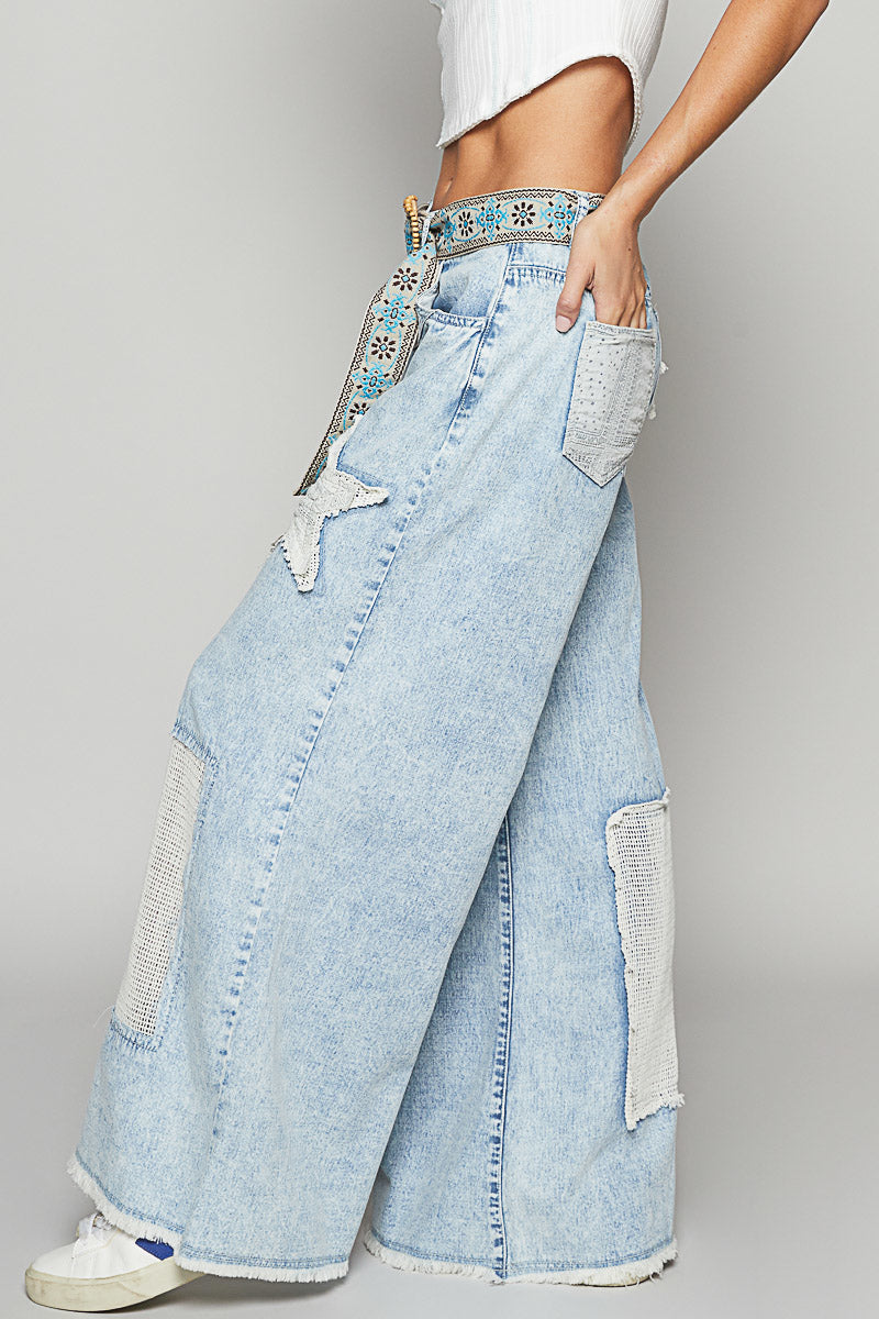 Vintage Washed Crochet Star Patch Solid Pants