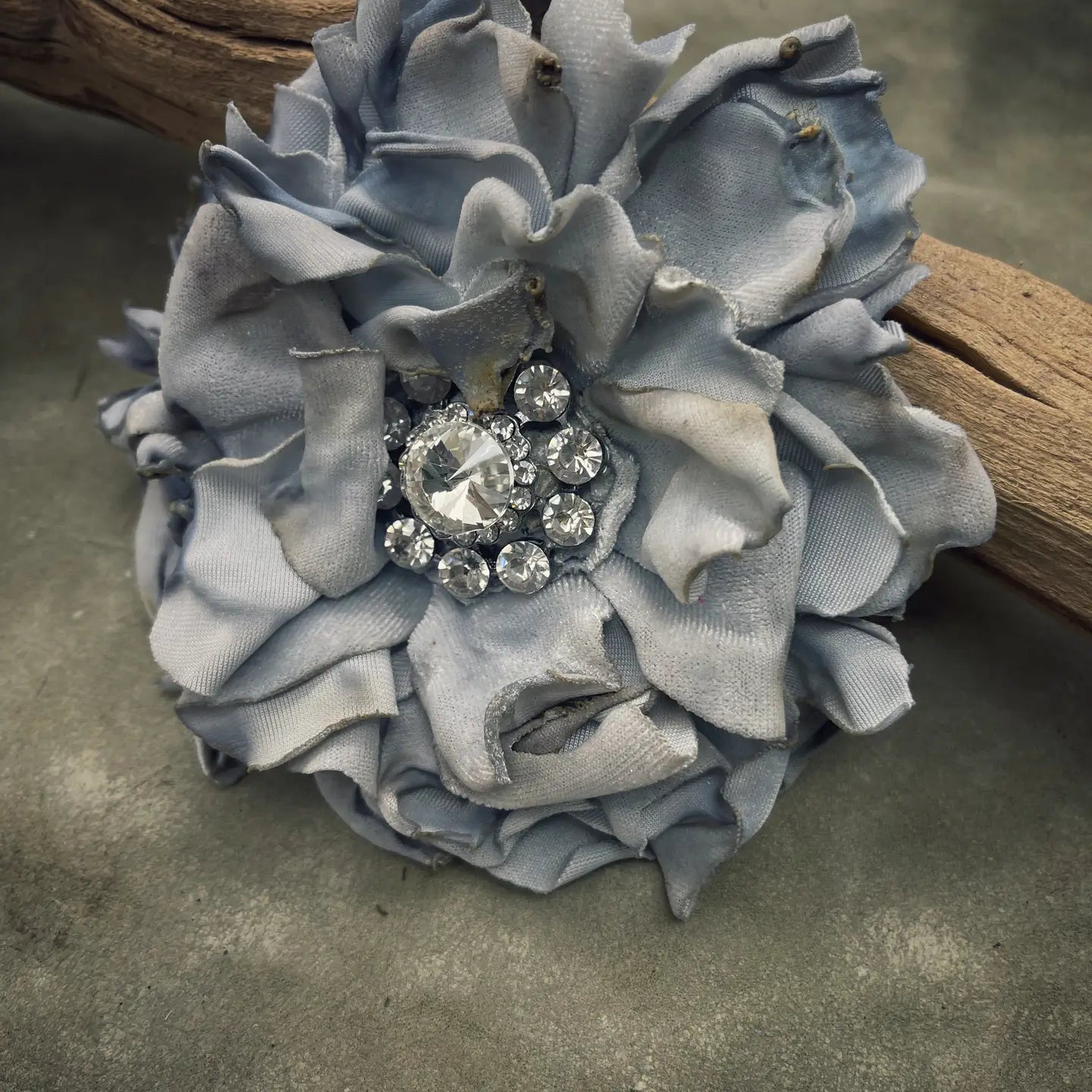 Fabric Hand-cut Floral & Feather Brooch - Silver-Grey