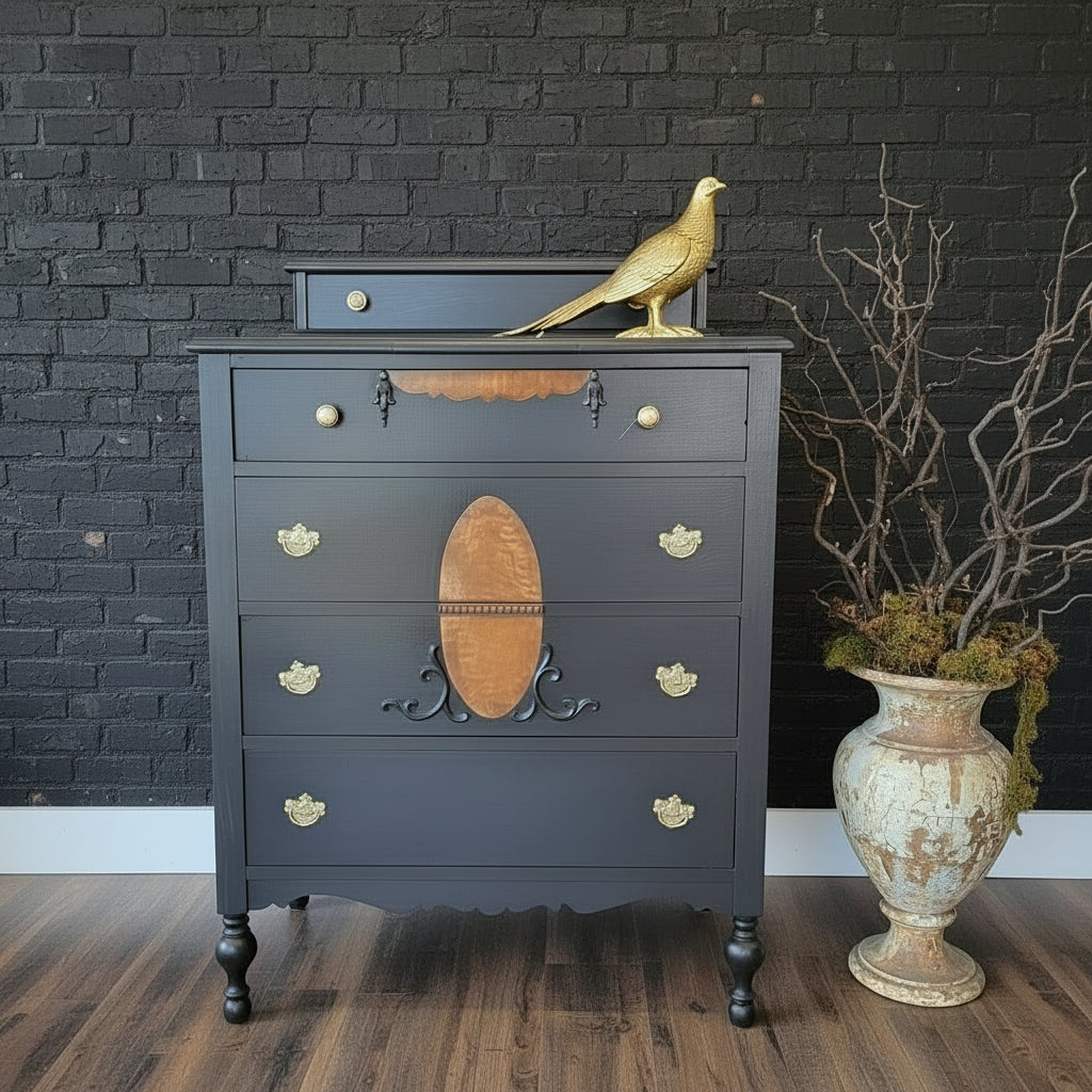 Vintage Upstyled Highboy Dresser - Black & Natural - (𝐏𝐢𝐜𝐤-𝐔𝐩 𝐎𝐧𝐥𝐲)
