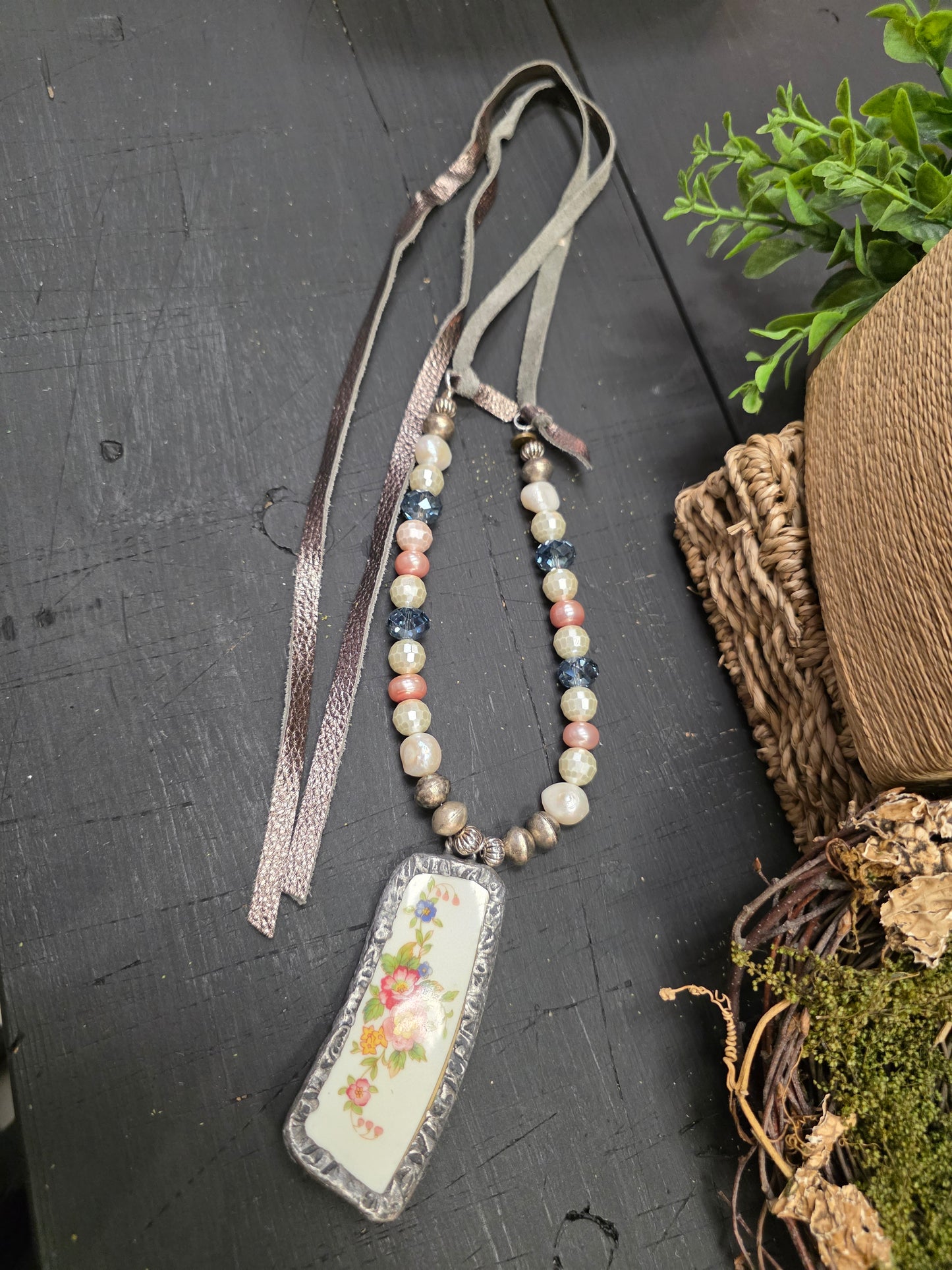 Broken China Embossed Silver Necklace