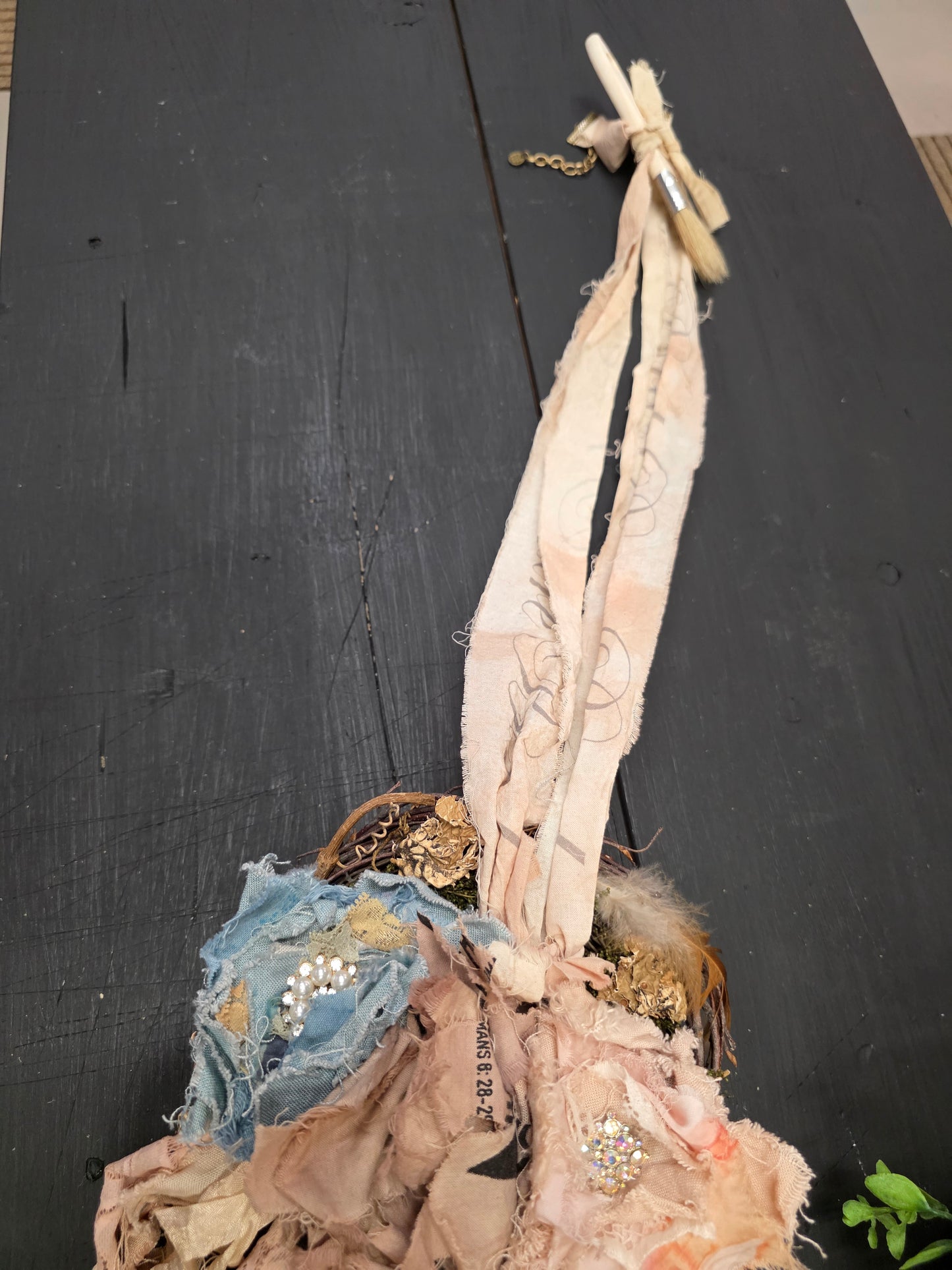 Vintage Ribbon Flowers, Jewel & Paintbrush Necklace