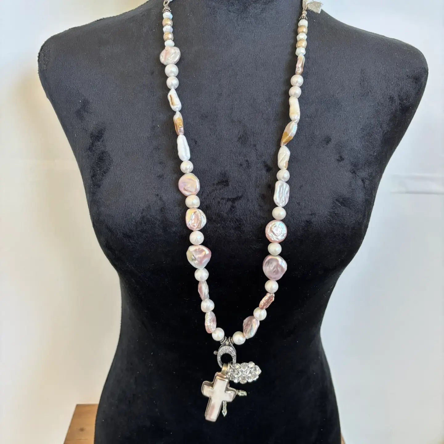 Iridescent Real Pearl Cross Necklace