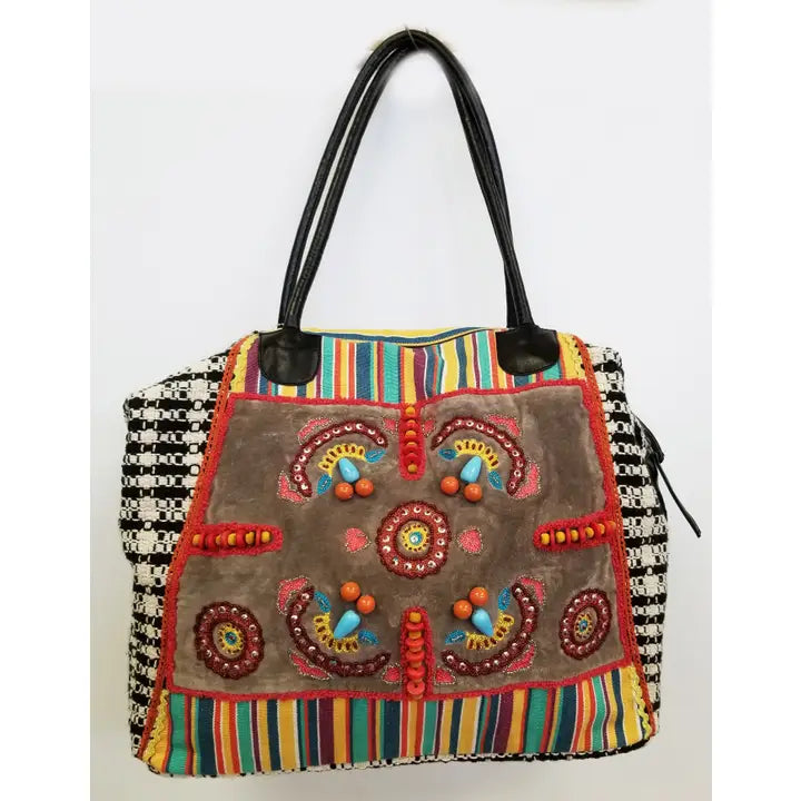 Vintage Houndstooth Fabric & Beaded Boho Satchel