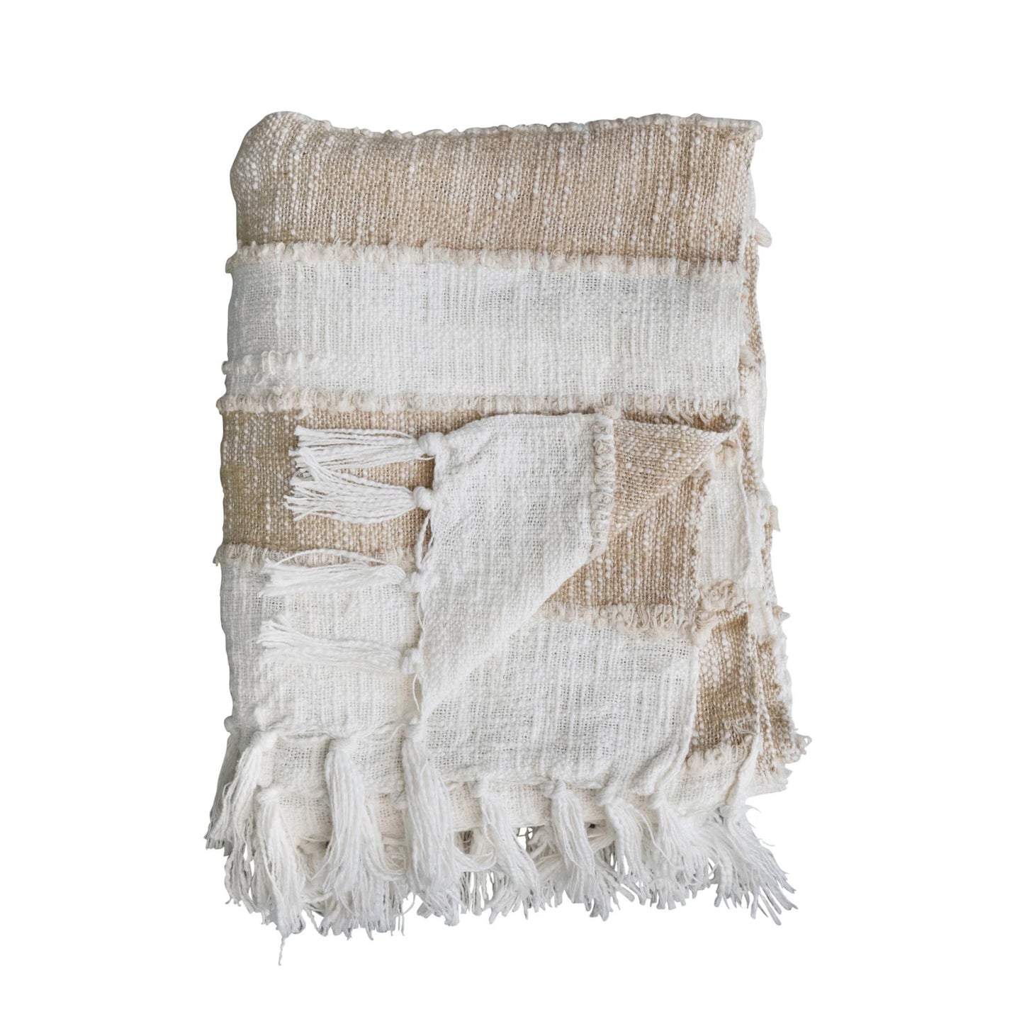 Woven Cotton Throw w/ Stripes & Fringe, 60"L x 50"W Tan Color & Natural