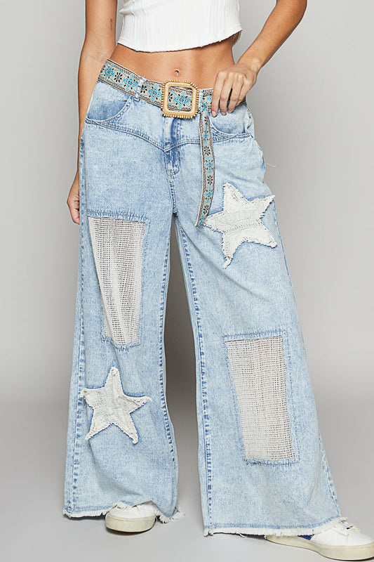 Vintage Washed Crochet Star Patch Solid Pants
