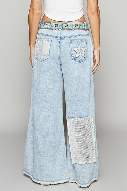 Vintage Washed Crochet Star Patch Solid Pants