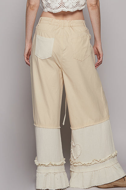 Wide Leg Shirring Ruffle Pants, Oatmeal UWP73