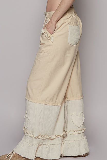 Wide Leg Shirring Ruffle Pants, Oatmeal UWP73