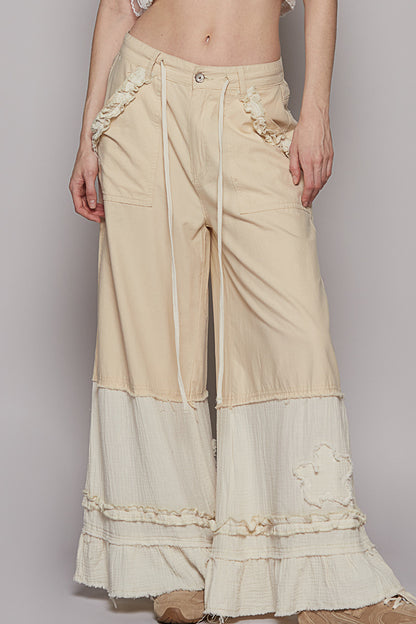 Wide Leg Shirring Ruffle Pants, Oatmeal UWP73