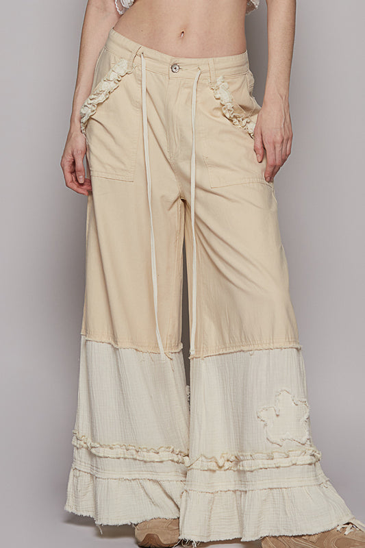 Wide Leg Shirring Ruffle Pants, Oatmeal UWP73