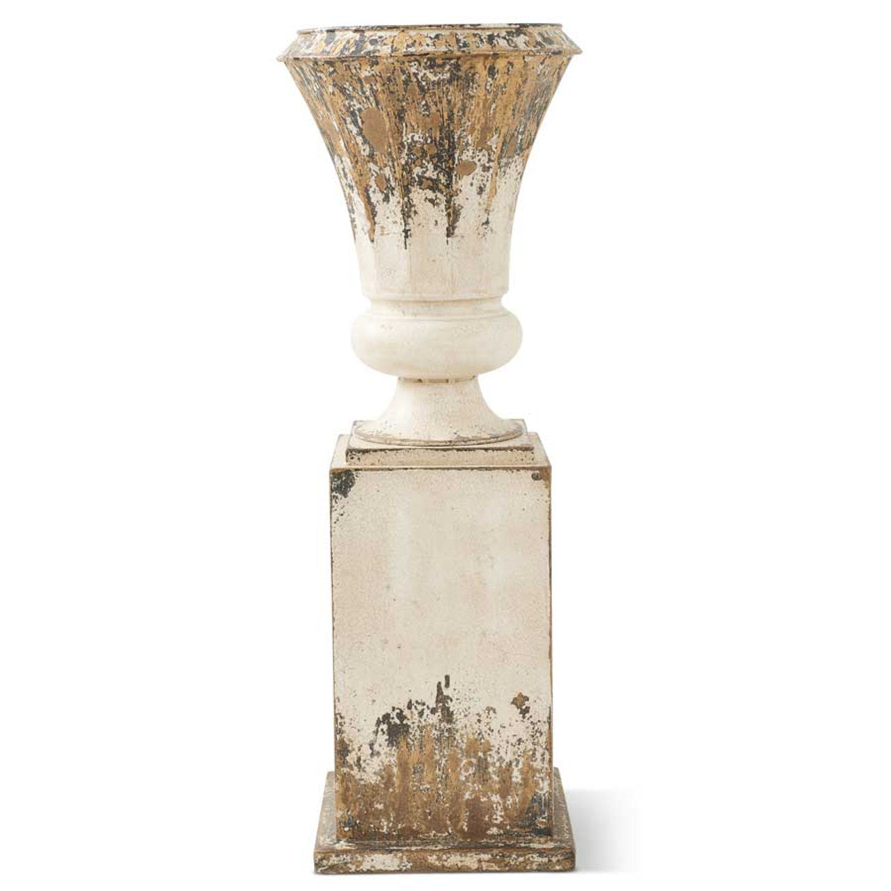 32in White and Gold Washed Metal Urn on Stand