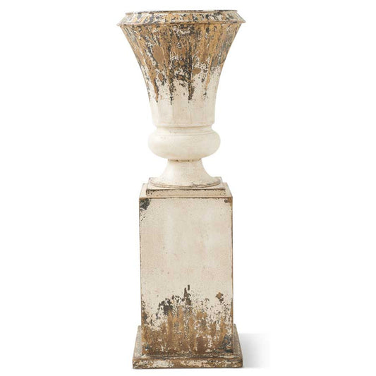 32in White and Gold Washed Metal Urn on Stand