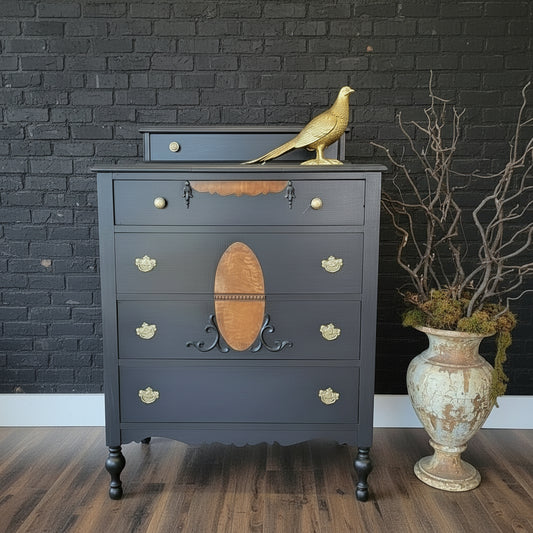 Vintage Upstyled Highboy Dresser - Black & Natural - (𝐏𝐢𝐜𝐤-𝐔𝐩 𝐎𝐧𝐥𝐲)