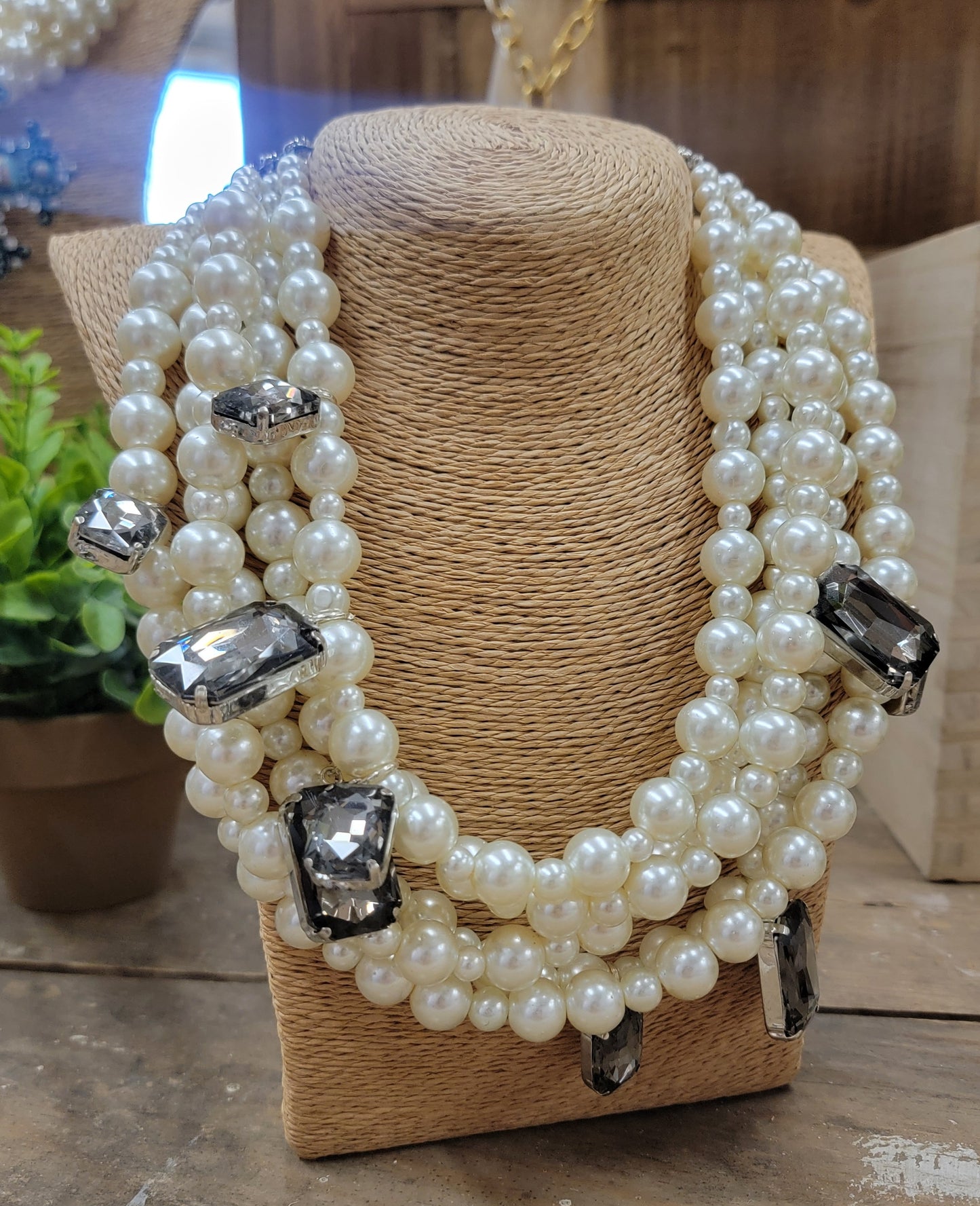 5 Strand Pearl Smokey Crystal Necklace