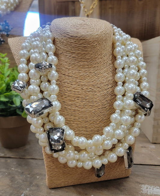 5 Strand Pearl Smokey Crystal Necklace