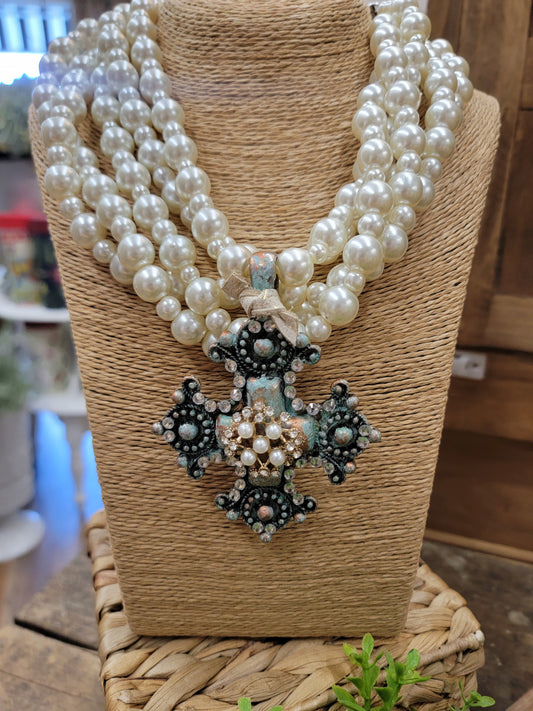 5 Strand Pearl & Patina Cross Necklace