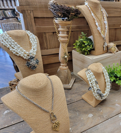 5 Strand Pearl & Patina Cross Necklace