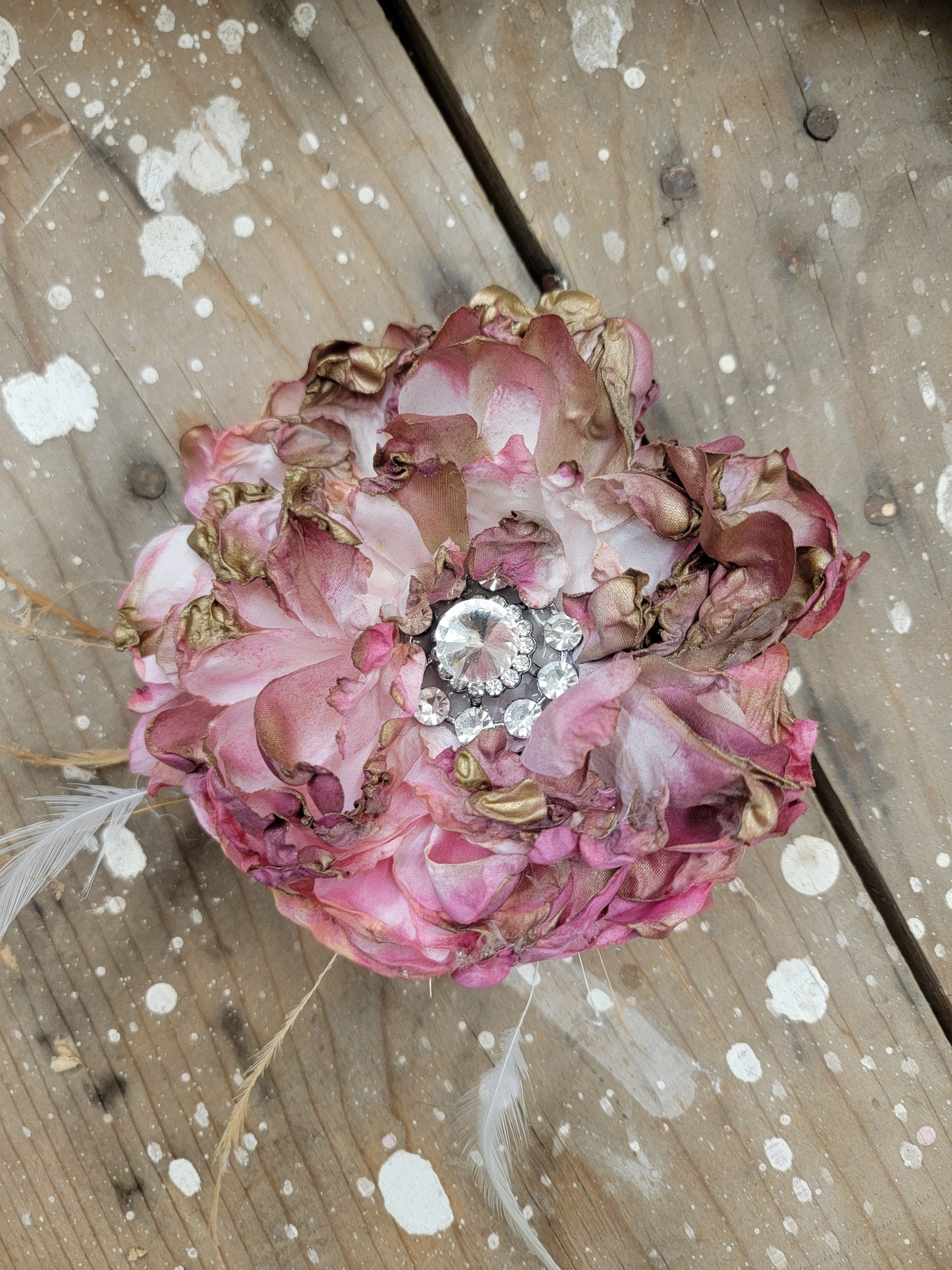 Fabric Hand-cut Floral & Feather Brooch - Distressed Fuschia