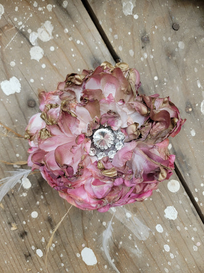 Fabric Hand-cut Floral & Feather Brooch - Distressed Fuschia