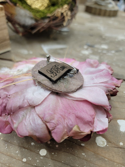 Fabric Hand-cut Floral & Feather Brooch - Distressed Fuschia