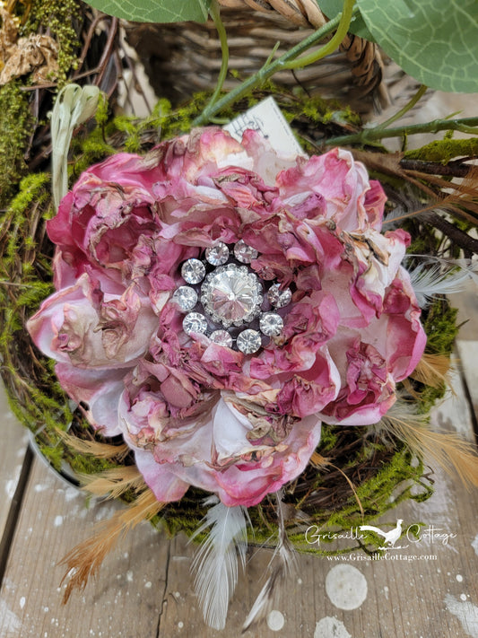 Fabric Hand-cut Floral & Feather Brooch - Distressed Fuschia