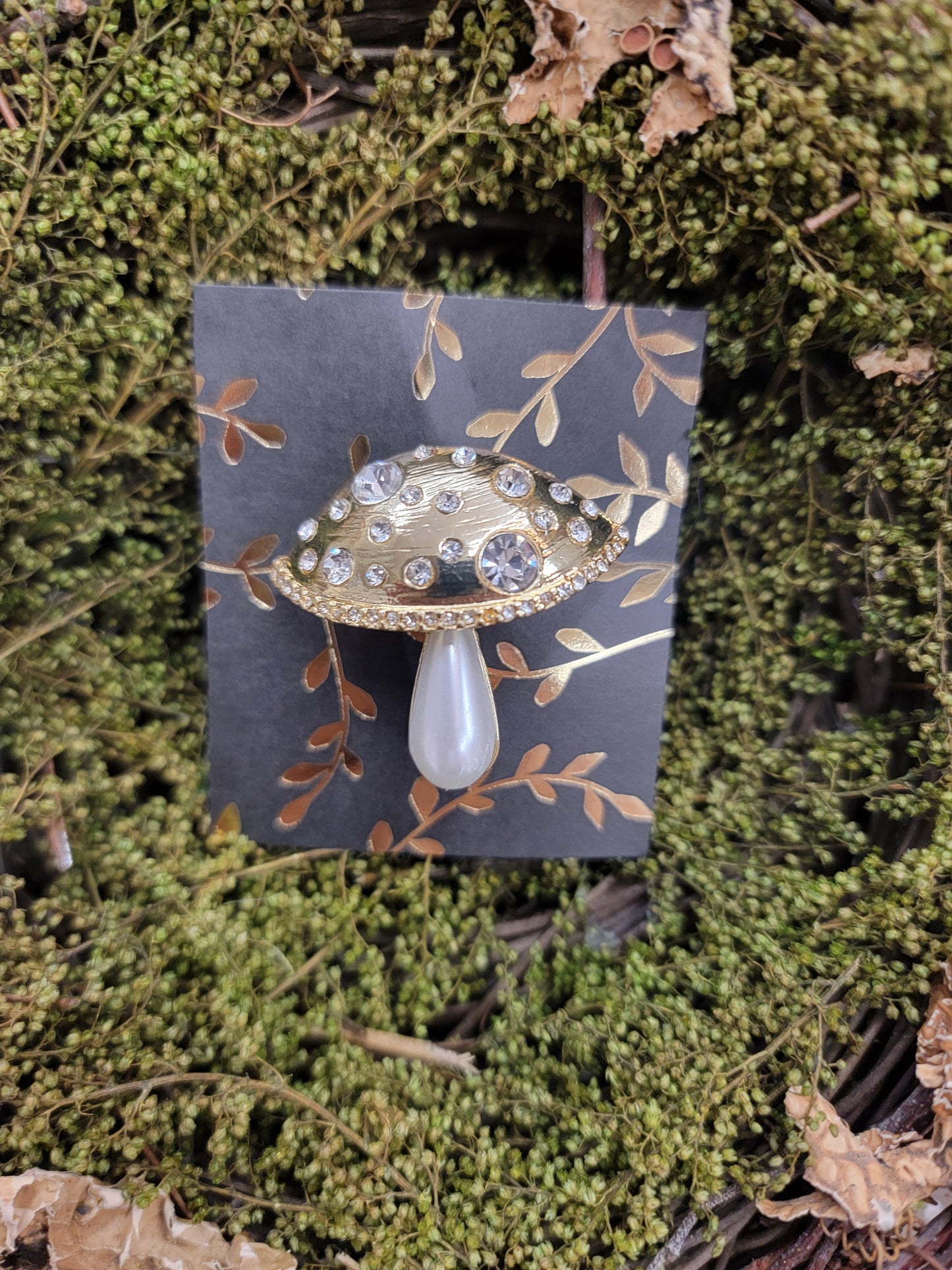 Mushroom Crystal & Pearl Brooch