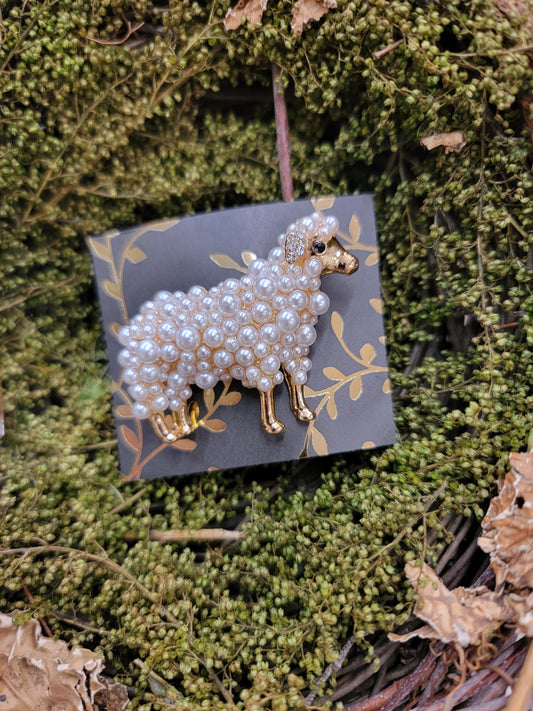 Mini Faux Pearl & Rhinestone Sheep Brooch / Pin