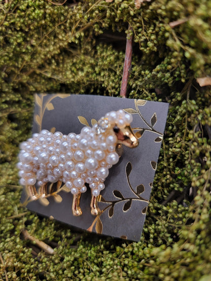 Mini Faux Pearl & Rhinestone Sheep Brooch / Pin