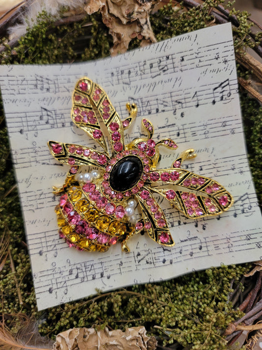 Vibrant Pink & Golden Bee Brooch / Pin
