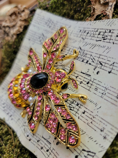 Vibrant Pink & Golden Bee Brooch / Pin