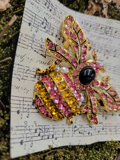 Vibrant Pink & Golden Bee Brooch / Pin