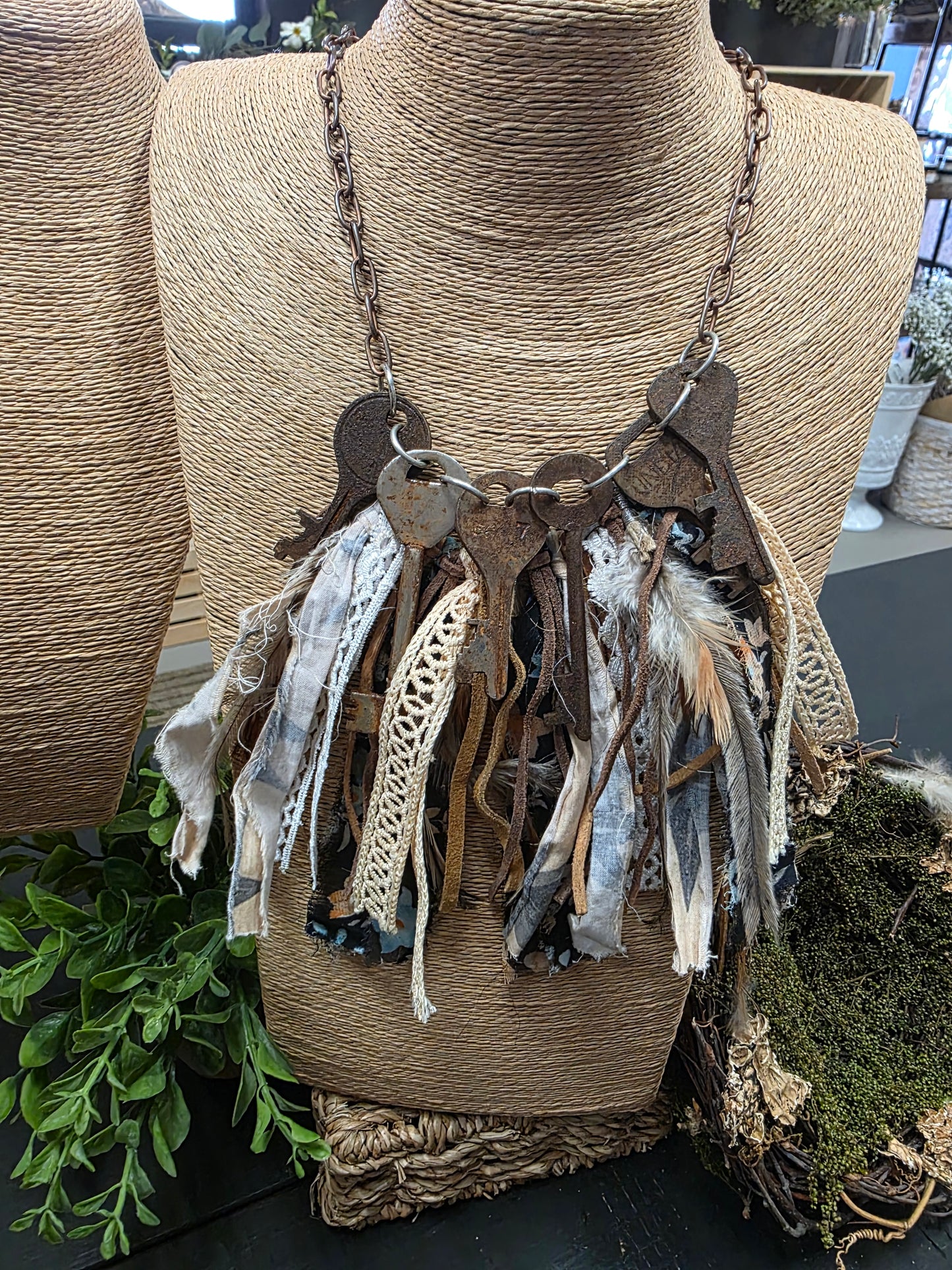 Vintage Rusty Key & Ribbon Necklace