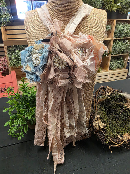 Vintage Ribbon Flowers, Jewel & Paintbrush Necklace