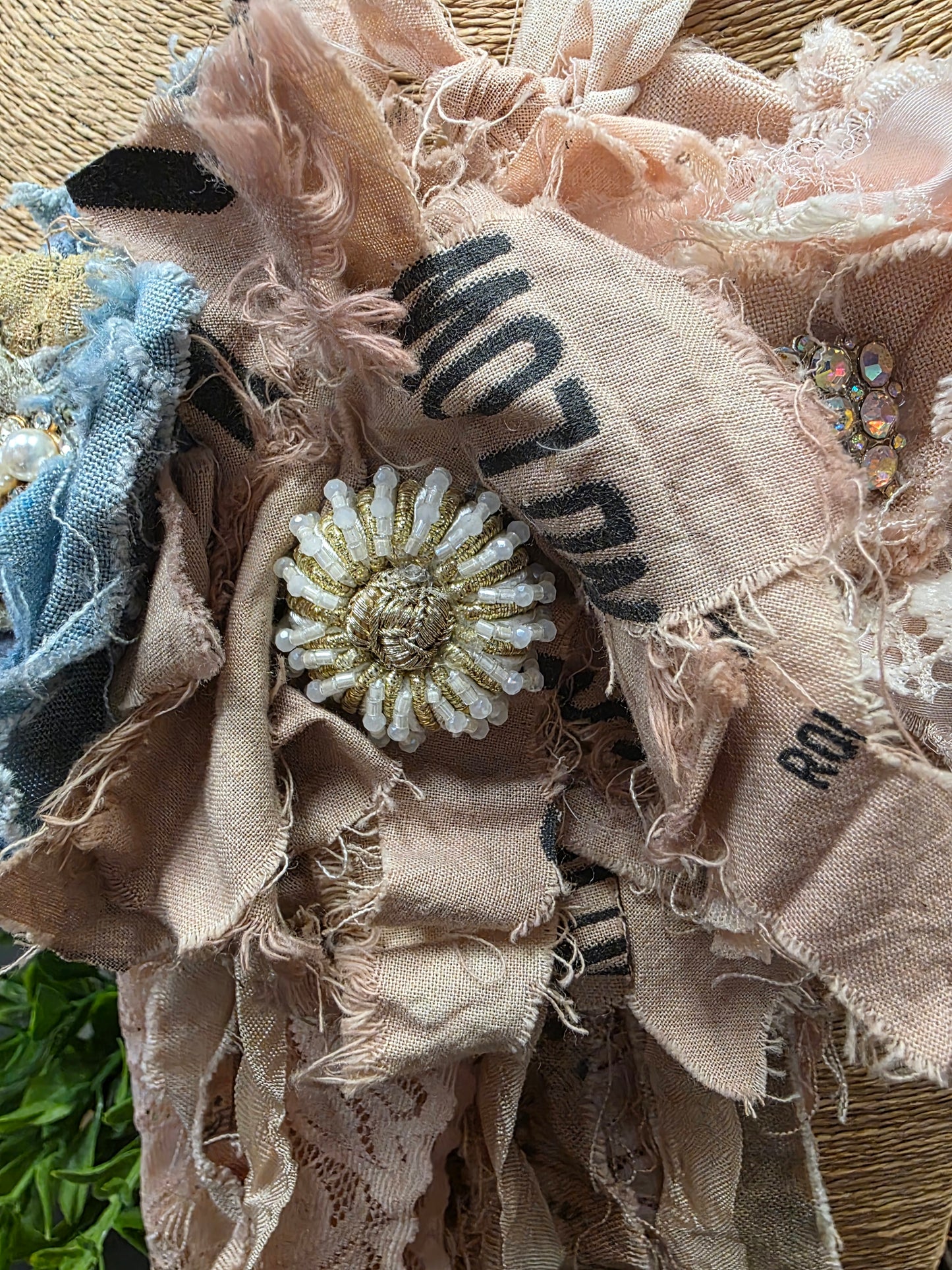 Vintage Ribbon Flowers, Jewel & Paintbrush Necklace