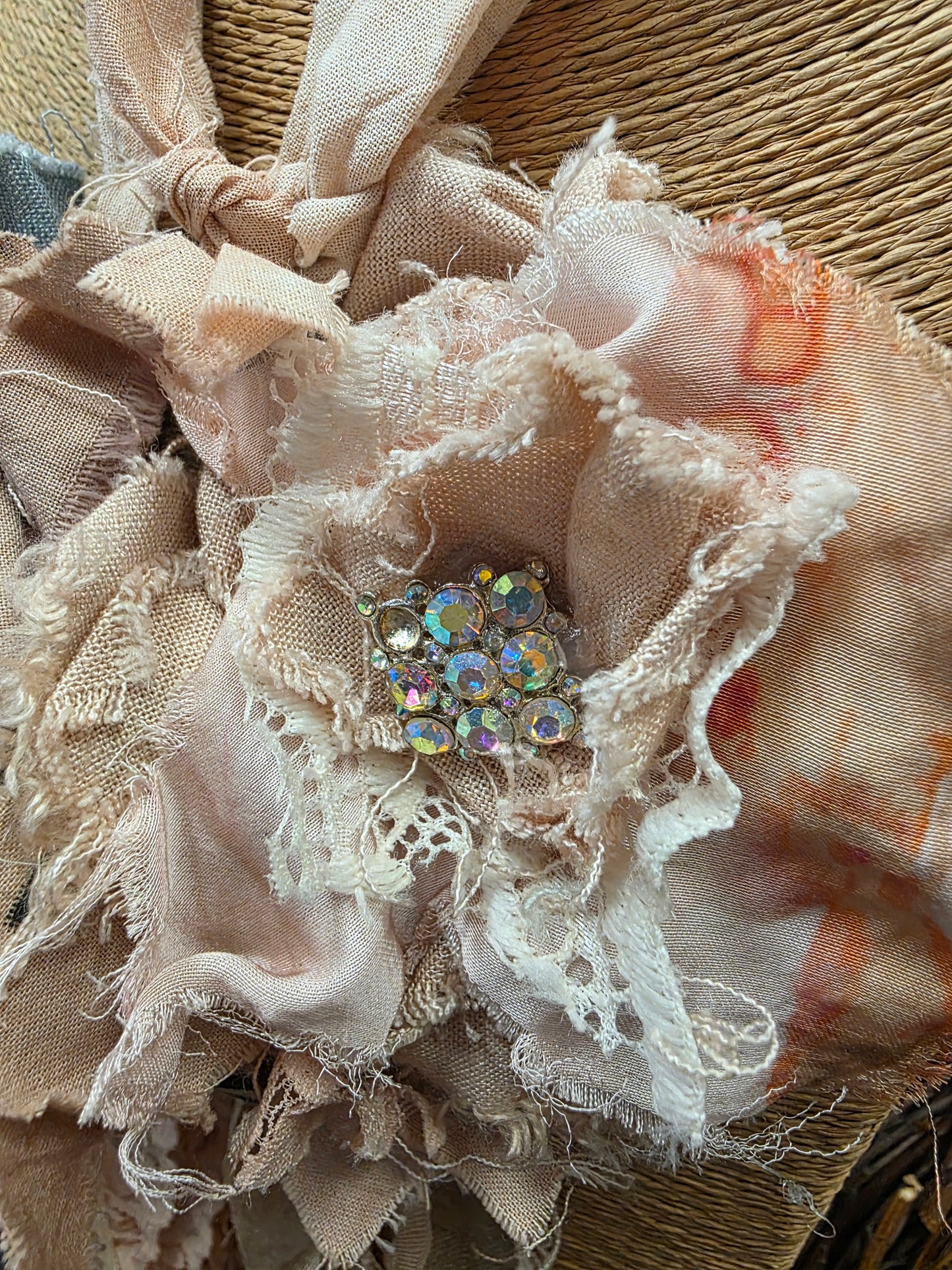 Vintage Ribbon Flowers, Jewel & Paintbrush Necklace