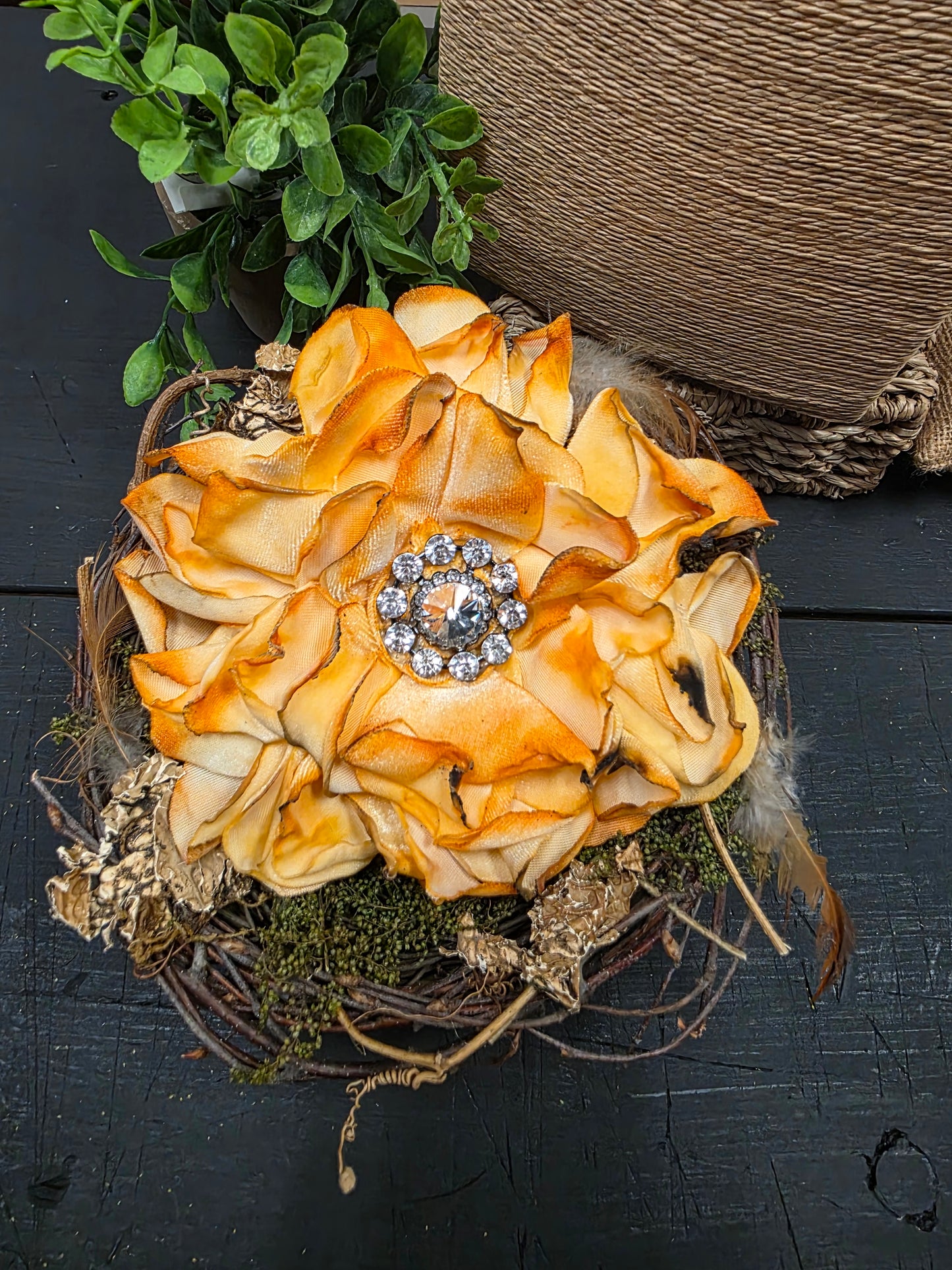 Fabric Hand-cut Floral Brooch - Distressed Orange