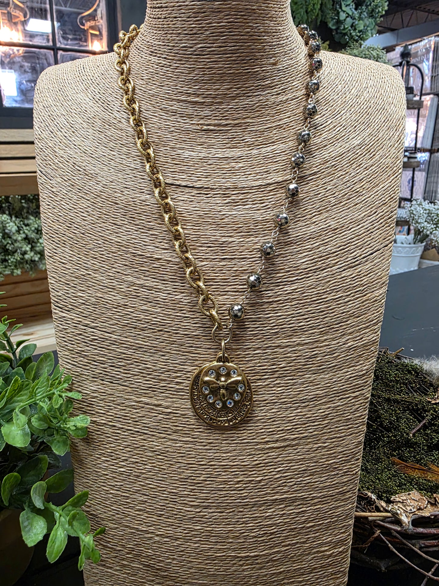 Pyrite & Gold 2-Charm Bee Necklace LN115