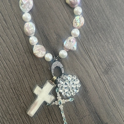 Iridescent Real Pearl Cross Necklace