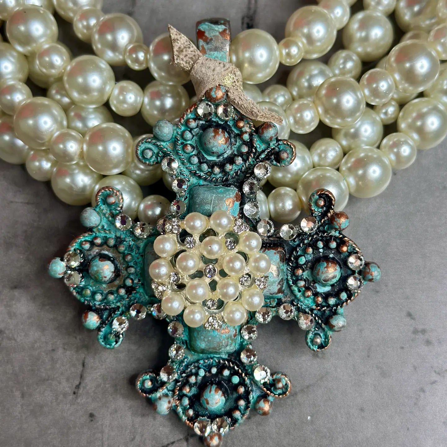 5 Strand Pearl & Patina Cross Necklace