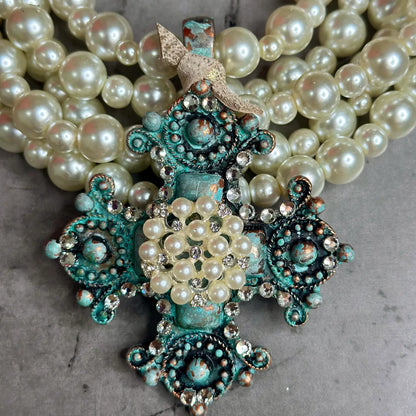 5 Strand Pearl & Patina Cross Necklace
