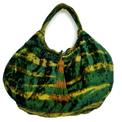 Green Velvet Tie Dye & Tassel Handbag