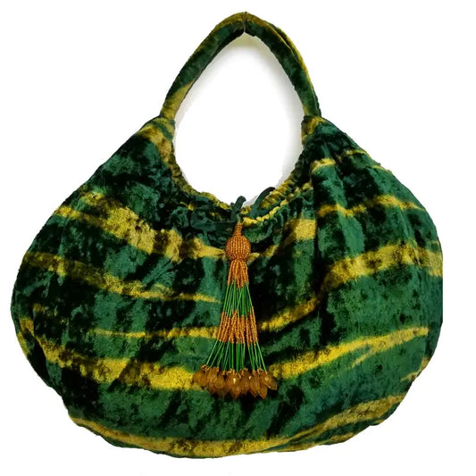 Green Velvet Tie Dye & Tassel Handbag
