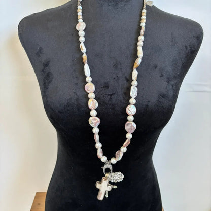 Iridescent Real Pearl Cross Necklace