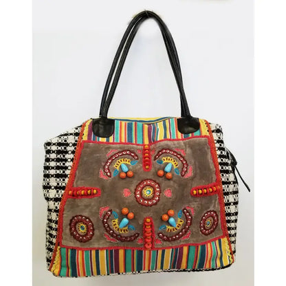 Vintage Houndstooth Fabric & Beaded  Boho Satchel