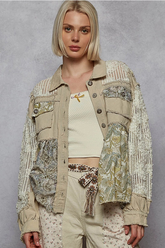 Floral Lace & Denim Shacket Powder Grey - POL