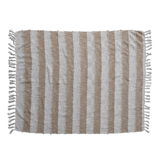 Woven Cotton Throw w/ Stripes & Fringe, 60"L x 50"W Tan Color & Natural