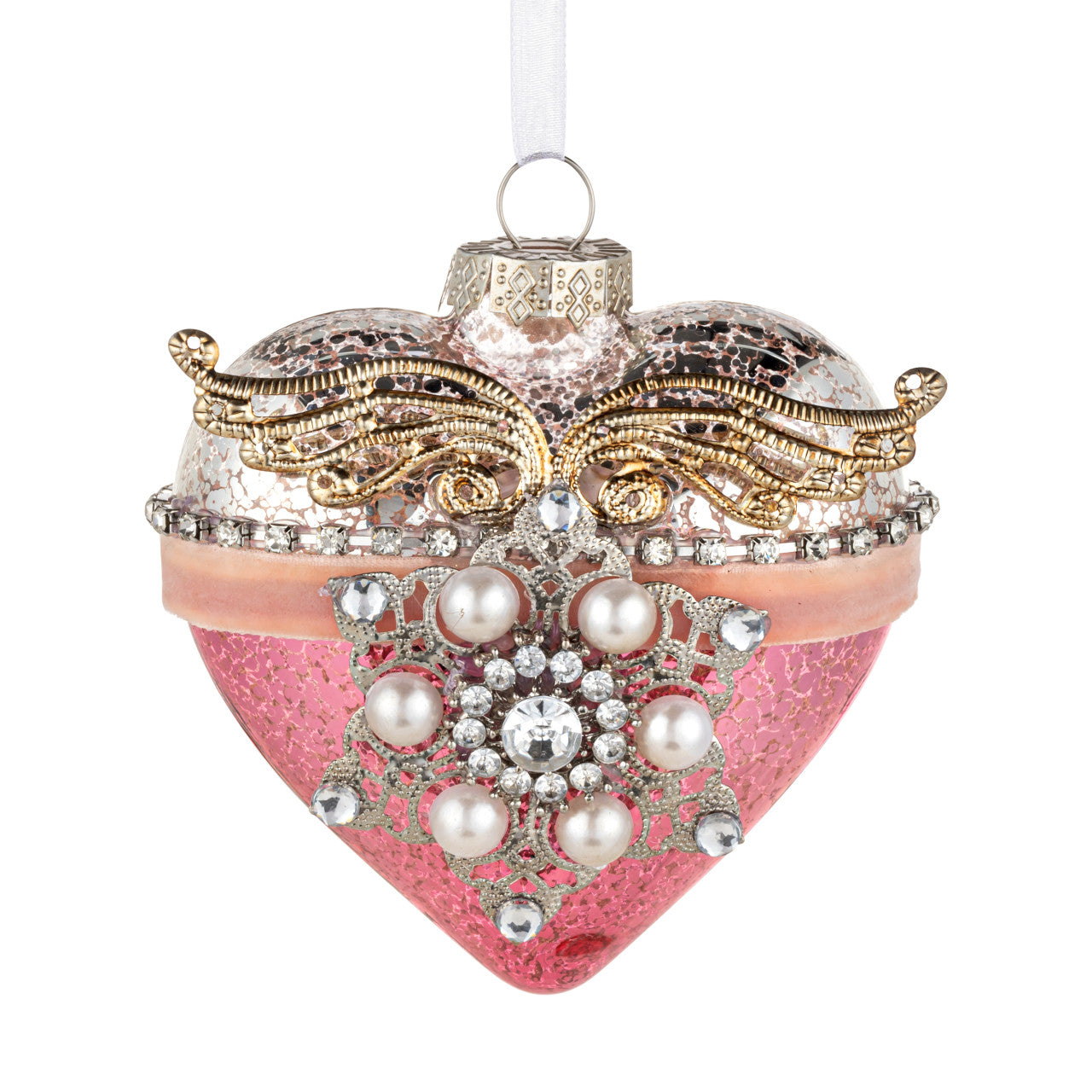 Patinaed Heart with Angel Wings and Pearls Glass Ornament - 4in