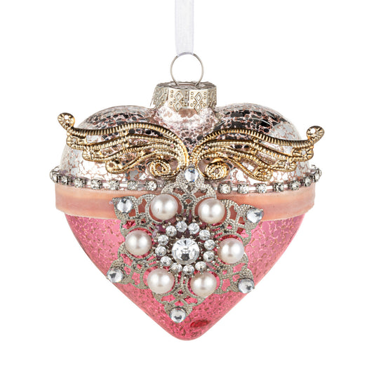 Patinaed Heart with Angel Wings and Pearls Glass Ornament - 4in