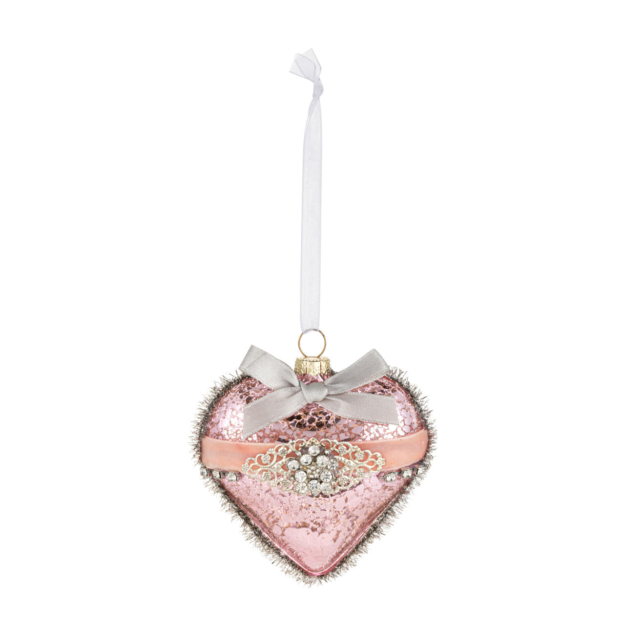 Pink Heart with Ribbon and Tinsel Glass Ornament - 3.5in