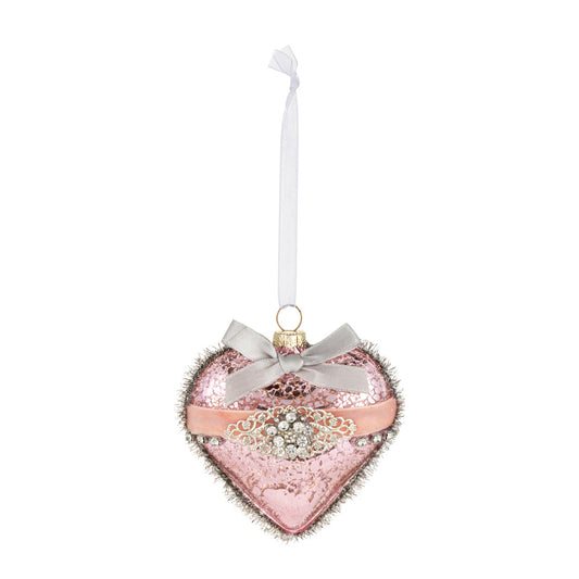 Pink Heart with Ribbon and Tinsel Glass Ornament - 3.5in